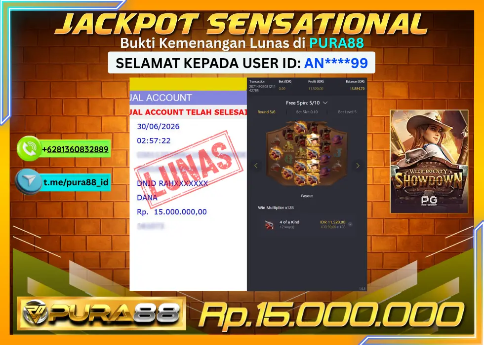 PURA88 JACKPOT WILD BOUNTY SHOWDOWN Rp 15.000.000,- LUNAS